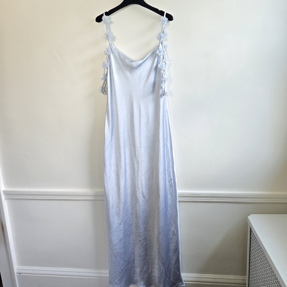New Caroline Constas 3-D Flower Applique Trim Straps Satin Maxi Dress Pale Blue - Picture 8 of 12